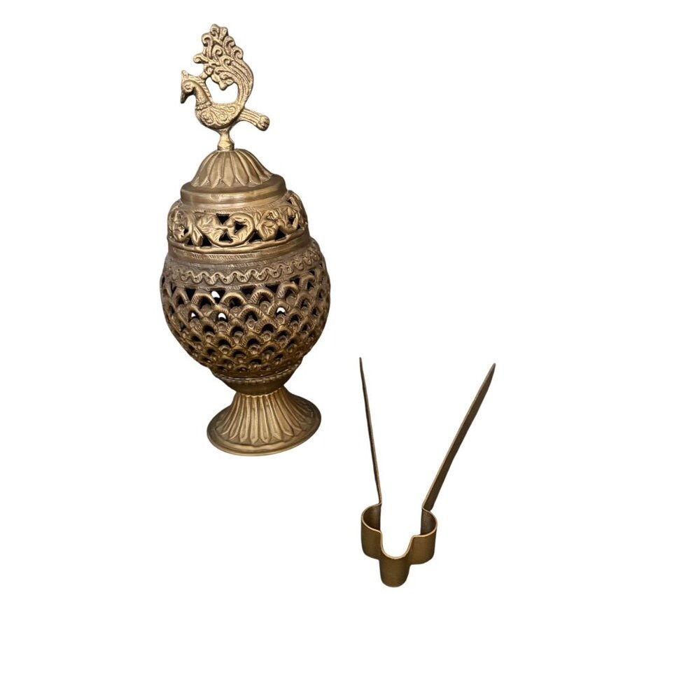 Brass Incense Holder With Peacock Design & Tongs